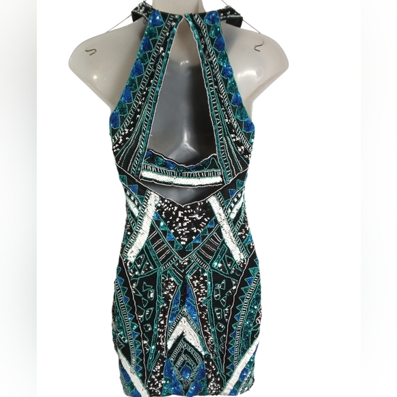 Parker Beaded Sequin Halter Mini Dress Teal Black Cocktail Party Size 4 - Picture 9 of 9
